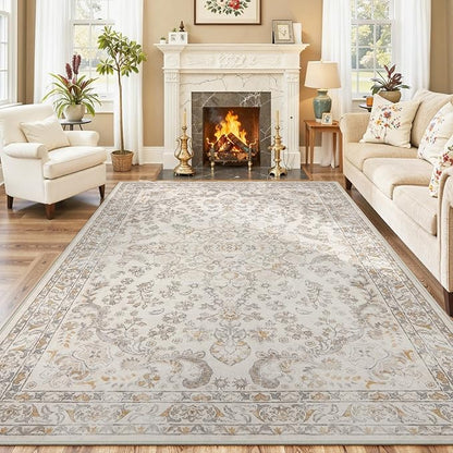 Wonnitar Washable Living Room Rugs, 8x10 Area Rugs for Room Decor, Beige Non Slip Ultra-Thin Soft Cozy Vintage Floral Distress Neutral Carpet for Bedroom Dining Room Farmhouse Playroom