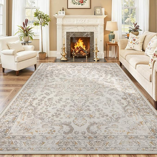 Wonnitar Washable Living Room Rugs, 8x10 Area Rugs for Room Decor, Beige Non Slip Ultra-Thin Soft Cozy Vintage Floral Distress Neutral Carpet for Bedroom Dining Room Farmhouse Playroom