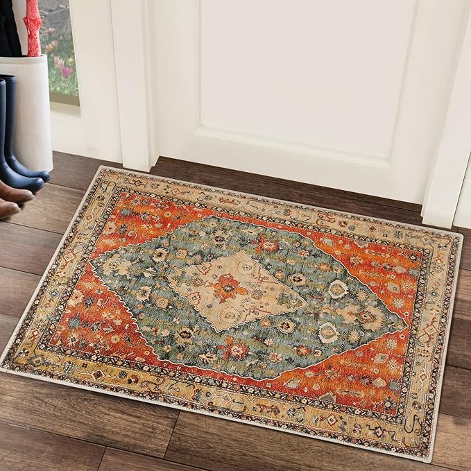 COMSLE Boho Area Rug, 2 x 3 Ft Washable Rugs for Entryway Faux Wool Small Rugs Distressed Throw Rug Non-Slip Floor Carpet for Indoor Bedroom Kitchen Living Room