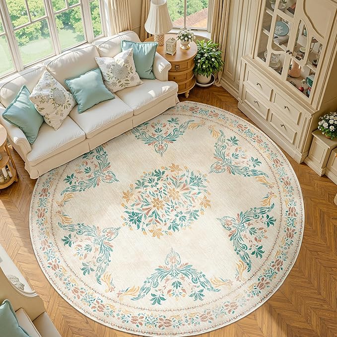 jinchan Round Rug 7ft Area Rug Vintage Floral Distressed Design Machine Washable Soft Non-Slip Low-Pile Ultra-Thin Circle Rug for Living Room Dining Room Bedroom Home Office (7' Round, Apricot Multi)