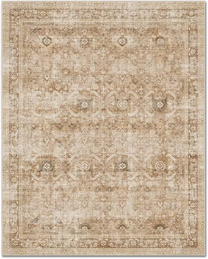 Washable 10x14 Area Rugs for Living Room, Boho Non-Slip Vintage Distress Large Rugs for Bedroom Dining Room Office, 0.3" Neutral Oriental Throw Thin Carpet, Brown/White/Multi