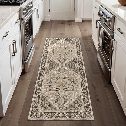 2x7 Runner Rug Machine Washable Boho Runners for Hallway,Ultra-Thin Low Pile Rug,Lightweight Indoor Carpet,Non Slip Floral Runners for Enrtyway, Corridor, Home Office, Kitchen,Brown