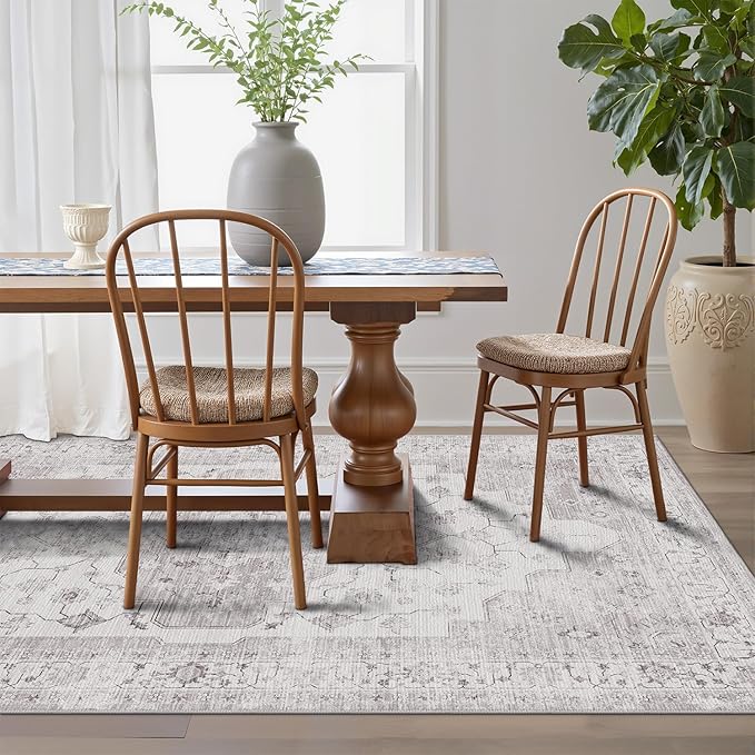 LUMI Washable 5x8 Area Rug for Living Room, Ultra Soft Vintage Rug with TPE Non Slip Backing, Stain Resistant, Low Profile Carpet High Traffic for Bedroom, Dining Room