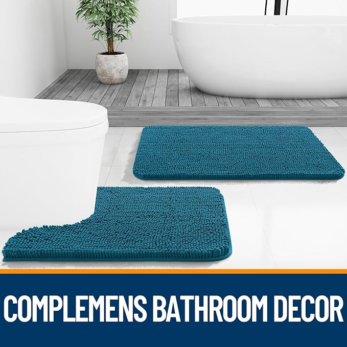 OLANLY Bathroom Rugs 70x24, Extra Soft Absorbent Chenille Bath Rugs, Rubber Backing Quick Dry, Machine Washable Bath Mats for Bathroom Floor, Tub and Shower, Home Decor Accessories, Peacock Blue
