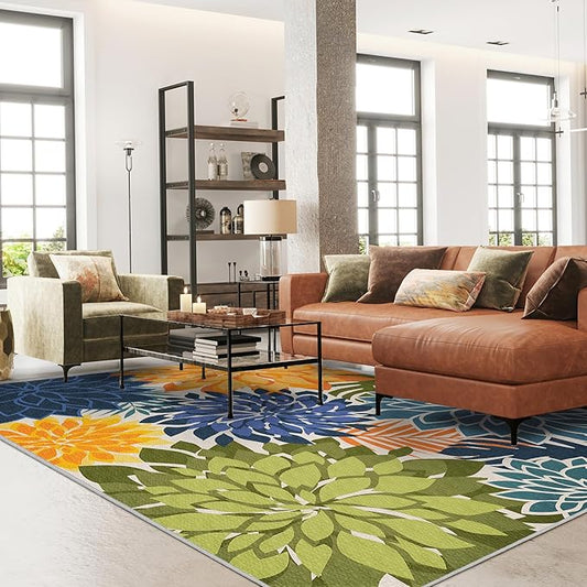 Colorful 5x8 Outdoor Area Rug Washable Multicolored Patio Rug Tropical Botanical Floral Chenille Waterproof Outdoor Carpet for Living Room, Deck, Backyard, Porch, Green