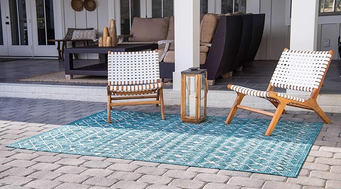 Unique Loom Outdoor Trellis Collection Area Rug - Tribal Trellis (6' 1" x 9' Rectangle, Teal/ Ivory)