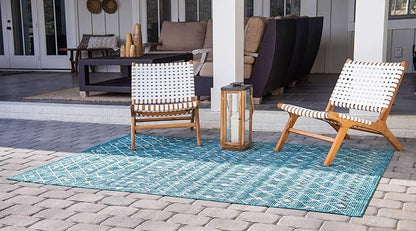 Unique Loom Outdoor Trellis Collection Area Rug - Tribal Trellis (6' 1" x 9' Rectangle, Teal/ Ivory)