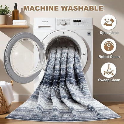 Nakagishi 5x7 Area Rugs Living Room: Washable Boho Large Neutral Soft Rug Modern Stain Resistant Moroccan Indoor Non Slip Floor Carpet for Bedroom Nursery Kids Playroom Office Dining Room Dorm- Blue