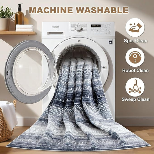 Nakagishi 10x14 Area Rugs Living Room: Washable Boho Large Neutral Modern Soft Stain Resistant Farmhouse Indoor Rug Non-Slip Accent Carpet for Bedroom Nursery Kids Playroom Office Dining Room- Blue