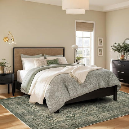 Vintage Washable Area Rug for Living Room,Low Pile 5x7 Non Slip Carpet Non-Shedding Area Rug Soft Indoor Stain Resistant Rug Floral Print Mat for Bedroom Dining Room Green