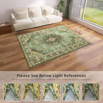 Green Rugs for Bedroom Area Rugs 5x7 Washable Rugs Boho Vintage Oriental Large Foldable Faux Wool Carpet for Living Room Nursery Room Dorm Kids Playroom Home Office