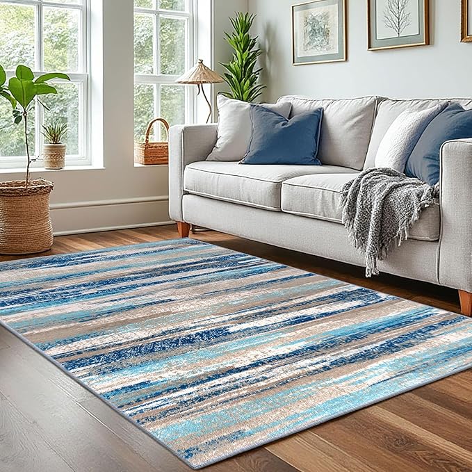 Modern Abstract 4x6 Living Room Washable Rug Non-Slip Soft Bedroom Area Rug Blue Thin Print Faux Wool Floor Carpet Throw Rugs for Nursery Playroom Dining Room Indoor Office Home Decor