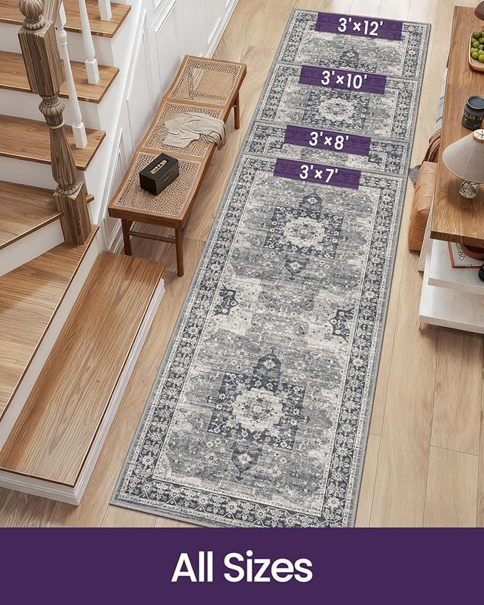 DEXI Hallway Runner Rug 3x7, Distressed Non Slip Runners Carpet, Boho Vintage Soft Thin Indoor Rug, Stain Resistant Washable Entry Mat for Entryway Kitchen Laundry Room Living Room, Blue Grey
