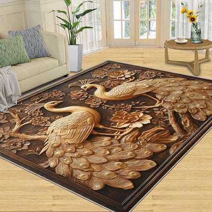 Peacock Rugs for Bedroom - 6x9 Rug, European Style Area Rugs for Living Room, Peacock Decor Carpet, Gold Peafowl Washable Area Mat, Luxury Carpet - Peafowl Home Decor & Gifts