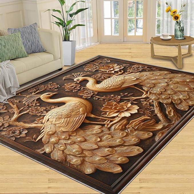 Peacock Rugs for Bedroom - 5x8 Rug, European Style Area Rugs for Living Room, Peacock Decor Carpet, Gold Peafowl Washable Area Mat, Luxury Carpet - Peafowl Home Decor & Gifts