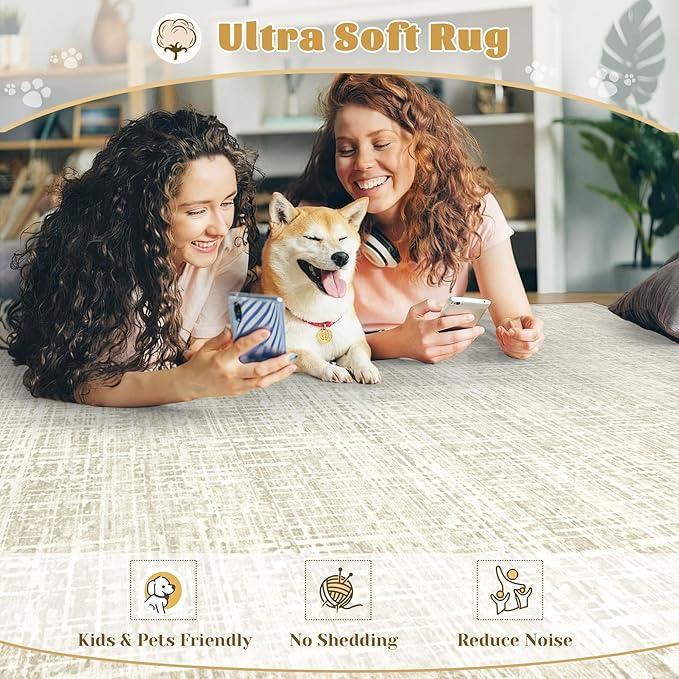 6x9 Area Rugs for Living Room, Washable Large Area Rug Neutral Modern Abstract Bedroom Rug Soft Non Slip Low Pile Stain Resistant Indoor Carpet for Nursery Kids Dining Room Office(Beige, 6'x9')