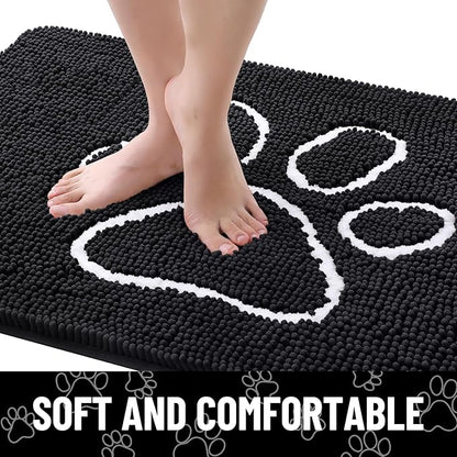 Smiry Dog Door Mat for Muddy Paws, Absorbent Dirt Trapper Non Slip Quick Dry Washable Chenille Mat for Mud Dogs, Entry Rug for Indoor and Outdoor (48x30 Inches, Black and White)