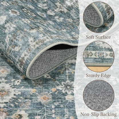 Washable Area Rugs 5'x7' Non-Slip Vintage Boho Distressed Fade Resistant Low Pile Carpet for High-Traffic Living Room, Bedroom & Dining Room