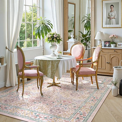 Lahome Floral Washable Area Rugs 5x7, Soft Pink Rugs for Living Room Bedroom, Boho Non Slip Low Pile Forest Stain Resistance Large Throw Carpet for Farmhouse Dining Room Office, Pink