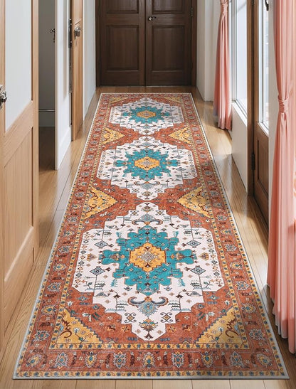 SERISSA Boho Washable Runner Rug, 2'6"x10' Long Non-Slip Vintage Orange Hallway Kitchen Stair Runner Rug Ultra Soft Print Distressed Floor Carpet for Bedroom Bathroom Laundry Room