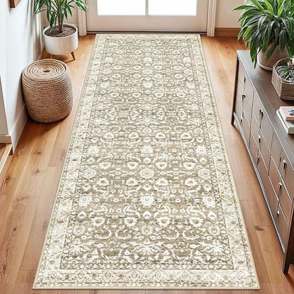 Vintage Floral 2.6x8 Runner Rug, Beige Tan White Washable Kitchen Runner Rug Non-Slip Hallway Rug Runner Thin Printed Faux Wool Super Soft Carpet for Entryway Bedroom Laundry Room Indoor
