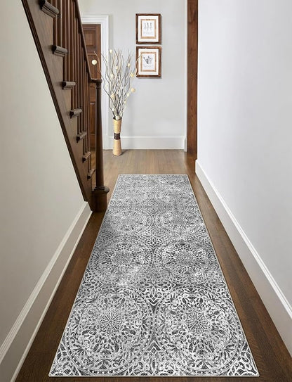 vivorug Runner Rug 2'x7' Machine Washable Non-Slip Runners for Hallways Kitchen Entryway Laundry Room Vintage Medallion Carpet Hallway Runner Grey