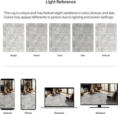 ReaLife Rugs Machine Washable Area Rug - Living Room Bedroom Bathroom Kitchen Entryway Office - Padded Low Pile Stain Resistant Premium - Boho Farmhouse Vintage - Noor - Ivory Grey 5' x 7'