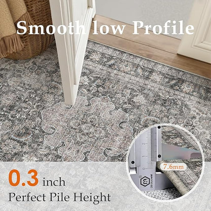 9x12 Vintage Area Rug Black Grey Living Room Bedroom Washable Carpet Non-Slip Soft Low Pile Distressed Indoor Large Throw Rug for Dining Room Office