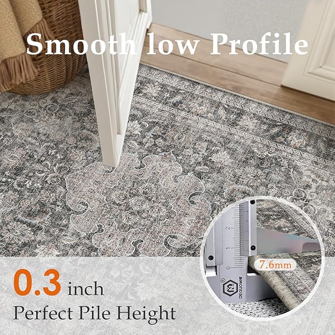 8x10 Washable Vintage Area Rug Black Grey Living Room Bedroom Carpet Non-Slip Soft Low Pile Distressed Indoor Large Throw Rug for Dining Room Office