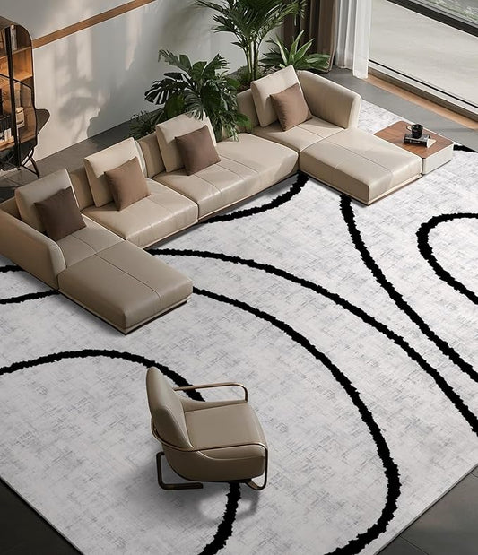 YIHOUSE Modern Area Rugs for Living Room, 9x12 Washable Black and White Rug, Thin Abstract Geometric Striped Rug, Area Rug for Bedroom,Kitchen,Dining Room,Office