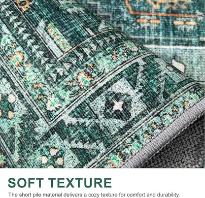 Bavni Washable Rug 8x10 Area Rug for Living Room Bedroom Dining, Washable Vintage Print Carpet, Ultra-Thin Chenille Low Pile Lightweight Rug with Non Slip Backing, Dark Green