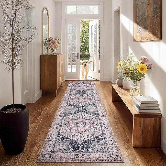 PURRUGS Vintage Farmhouse Boho Runner Rug 2x8 ft, Non-Slip Machine Washable Rug, Accent Oriental Area Rug for Kitchen, Hallway, Entryway, Bedroom, Living Room and Dining Room, Coral Red/Marine Blue