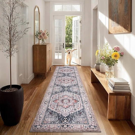 PURRUGS Vintage Farmhouse Boho Runner Rug 2x8 ft, Non-Slip Machine Washable Rug, Accent Oriental Area Rug for Kitchen, Hallway, Entryway, Bedroom, Living Room and Dining Room, Coral Red/Marine Blue