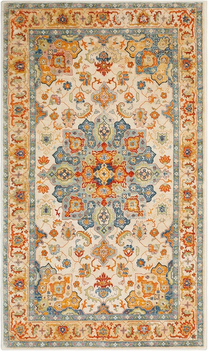COMSLE Boho Area Rug, 3' x 5' Machine Washable Rugs for Entryway Faux Wool Large Rugs Distressed Throw Rug Non-Slip Floor Carpet for Indoor Bedroom Kitchen Living Room