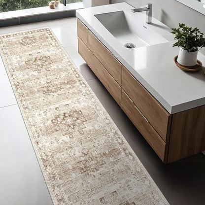 Non Slip Hallway Runner Rug - 2 x 10 Runner Rug, Washable & Waterproof Kitchen Floor Mat - Extra Long Neutral Farmhouse Boho Design Décor (2x10 Beige/Latte)