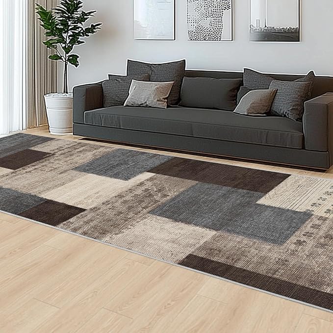 Modern Geometric Patchwork Indoor Runner Rug for Living Room, Blue-Taupe 2'x 6' Rug Rockwood Collection Hardwood Floors Decor for Bedroom, Blue Throw Carpet for Office Entryway Dining Room