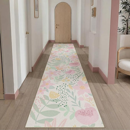 Floral Runner Rug 2x8 Washable Hallway Pink Bedroom Non Slip Cute Long Kitchen Carpet Botanical Indoor Soft Accent Rug for Bathroom Dining Laundry Living Room