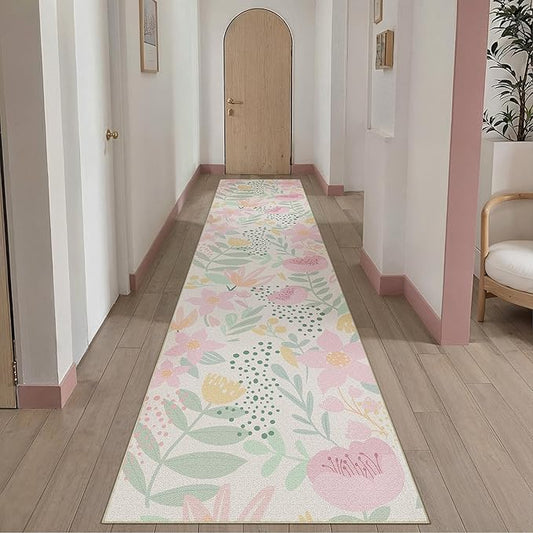 Floral Runner Rug 2x10 Washable Hallway Pink Bedroom Non Slip Cute Long Kitchen Carpet Botanical Indoor Soft Accent Rug for Bathroom Dining Laundry Living Room