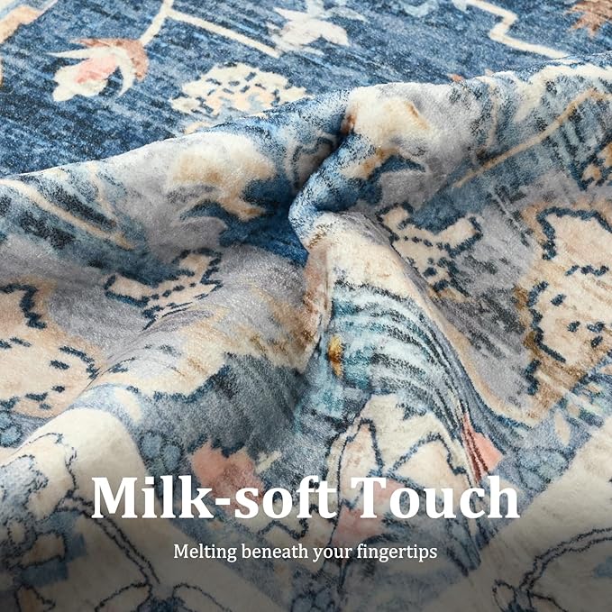 Large Area Rugs 8x10, Low Pile Washable Rugs, Soft Vintage Distressed Rugs for Living Room Bedroom, Office, Dining Room, Water Repellent & Non Shedding, Blue and Orange