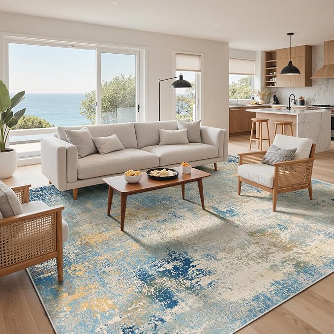 8x10 Area Rugs Washable Blue Rug for Living Room Bedroom, Abstract Modern Large Rug Non Slip, Water Repellent Low Pile Soft Carpet for Dining Room, Blue Ivory
