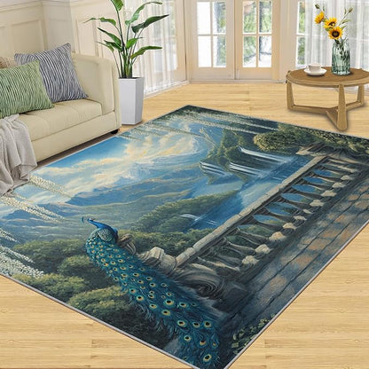 Peacock Rug Small - 4x5 Rug, Peacock Decor Washable Rugs for Living Room, Nature Waterfall Carpet, Natural Landscapes Non-Slip Area Rugs for Bedroom, Aesthetics Carpet - Peafowl Home Decor & Gifts
