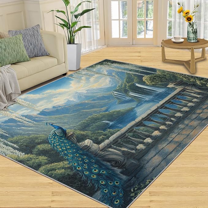 Peacock Rug Small - 4x6 Rug, Peacock Decor Washable Rugs for Living Room, Nature Waterfall Carpet, Natural Landscapes Non-Slip Area Rugs for Bedroom, Aesthetics Carpet - Peafowl Home Decor & Gifts