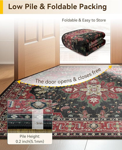 Area Rugs 9'x12' Washable Non-Slip, Floral Vintage Distress Print Pattern Medallion Carpet for Living Room Bedroom Dining Room, Red Black