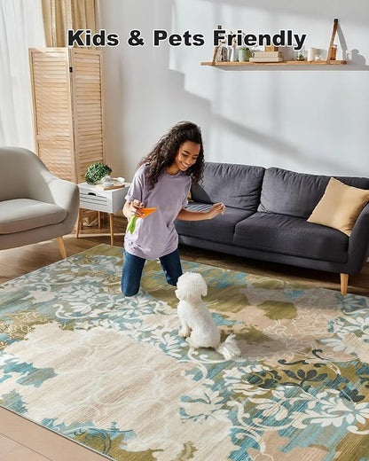 Washable Abstract Rug, 8x10 Willow Green and Blue Floral Area Rugs with Non-Slip Rubber Backed for Living Room, Low Pile Modern Throw Carpet Bedroom Dining Room Decor