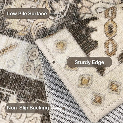 8x10 Area Rug Machine Washable Boho Rug for Living Room,Ultra-Thin Low Pile Carpet,Lightweight Indoor Printed Rug,Non Slip Floral Area Rug for Bedroom, Dining Room, Home Office,Brown