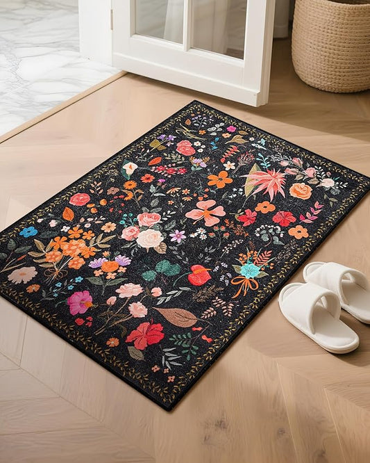 Boho Floral Entryway Rug 2x3, Washable Small Mat for Bathroom and Kitchen, Non Slip Front Door Mat Indoor Entrance, Vintage Style Flower Mat with Rubber Backing, Soft Area Rug for Entry Way (Black)
