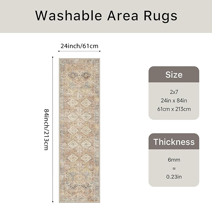 Bavni 2x7 Runner Rug Non Slip, Machine Washable Rug Runners for Hallways, Vintage Distressed Print Kitchen Runner, Low Pile Lightweight Carpet Runner for Entryway Laundry Bedroom Bathroom Wood Brown