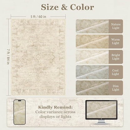Farmhouse Beige Washable Area Rugs 5x7 for Living Room, Distressed Medallion Printed Rugs for Bedroom, Non Slip Washable Low Pile Thin Carpet Rugs for Dining Room/Kitchen/Foyer/Home Office