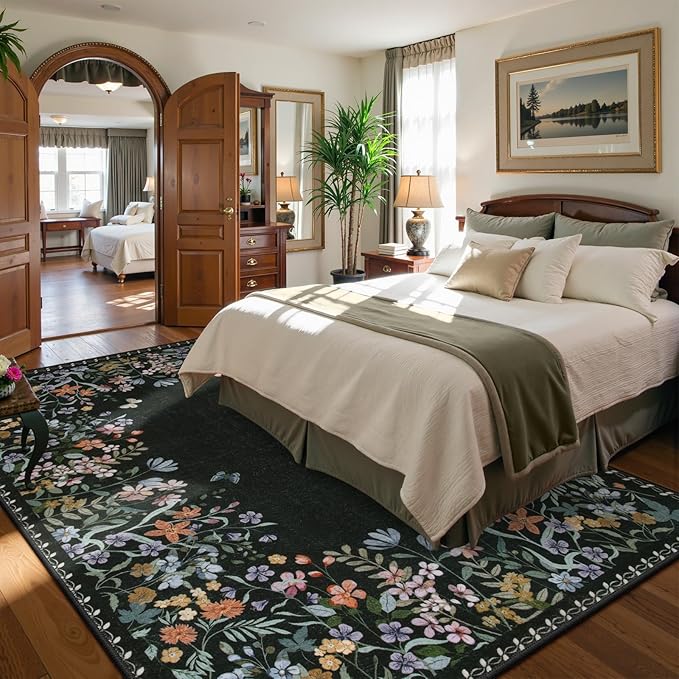 Lahome Boho Floral Black Washable 8x10 Area Rugs for Living Room, Non Slip Rugs for Bedroom, Indoor Throw Dining Room Carpet for Under Table Home Office Playroom(Black,8x10)