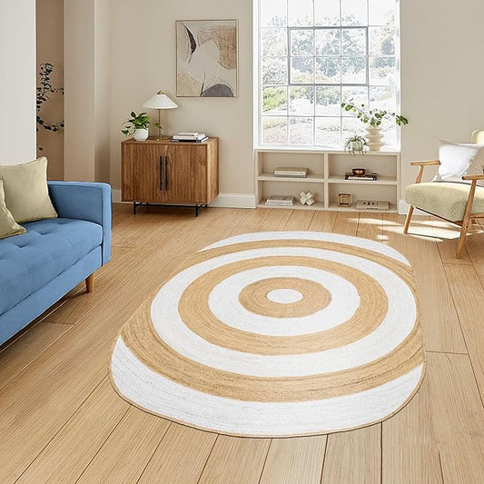 2x12 Oval Kilim Jute Runner – Solid White Beige Hand Braided Rug, 0.27" Thick Flatweave, Natural Jute Handmade Boho Carpet for Hallway, Staircase, Entryway, Corridor